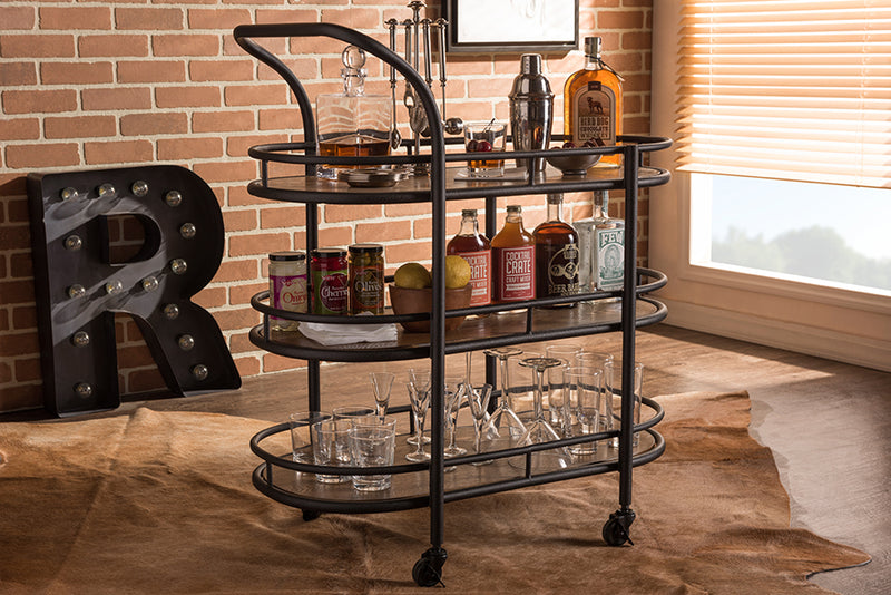 Karlin Mobile Kitchen Bar Rustic Industrial Antique Black Metal Distressed Wood Serving Wine Cart