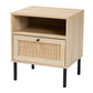 Caterina End Table - Mid-Century Modern Design with Natural Brown Wood and Rattan, 1-Door Storage for Living Room or Bedroom