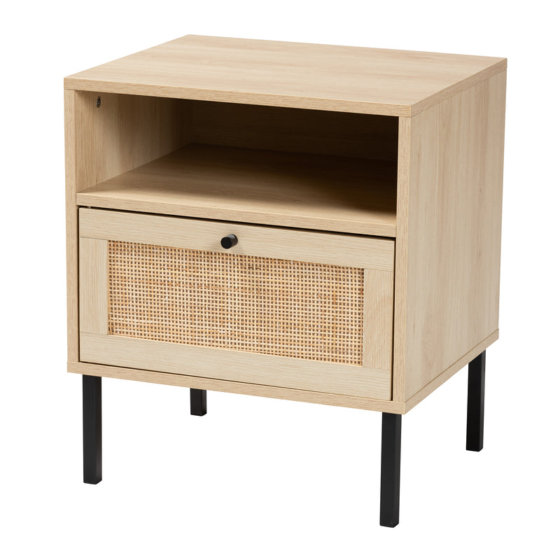 Caterina End Table - Mid-Century Modern Design with Natural Brown Wood and Rattan, 1-Door Storage for Living Room or Bedroom