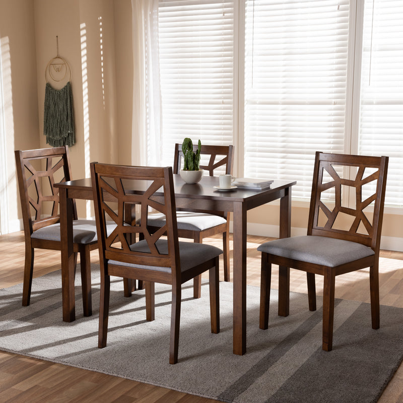 Abilene Dining Set Mid-Century Walnut Finished and Grey Fabric Upholstered 5-Piece