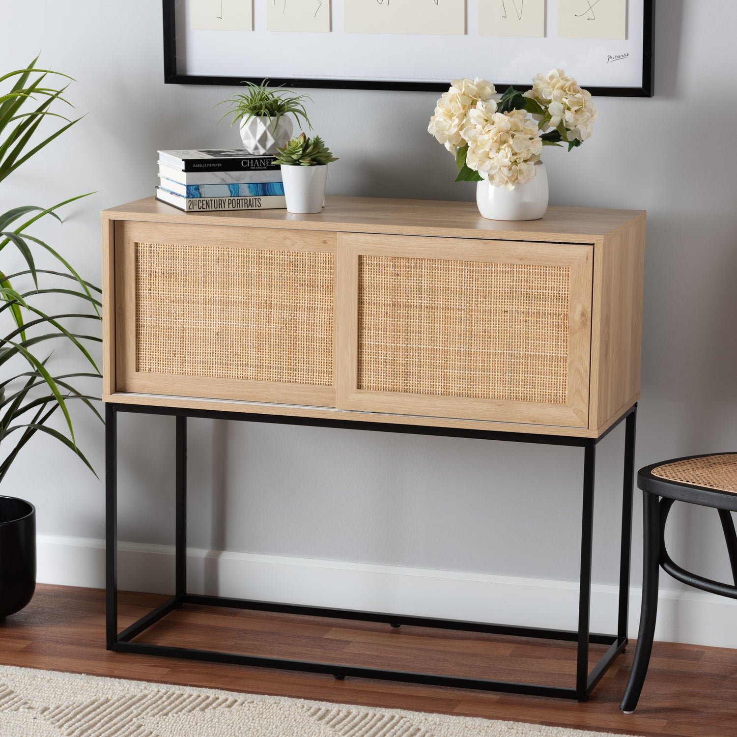 Amelia Sideboard Buffet - Mid-Century Modern Design in Natural Brown Wood and Rattan