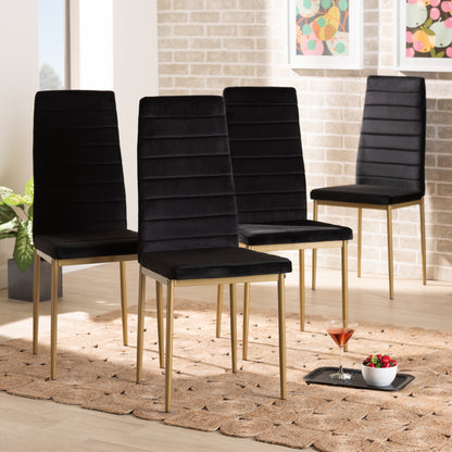 Armand Dining Chair Set Modern Glam and Luxe Black Velvet Fabric Upholstered with Gold Finished Metal 4-Piece