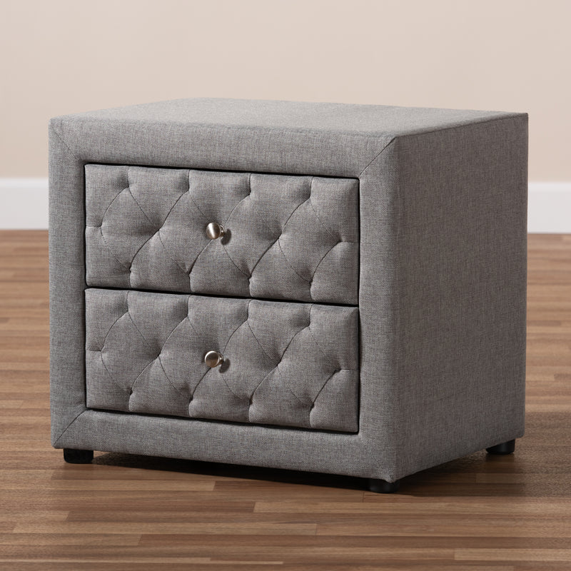 Lepine Nightstand - Modern and Contemporary Gray Fabric Upholstered 2-Drawer Wood Design