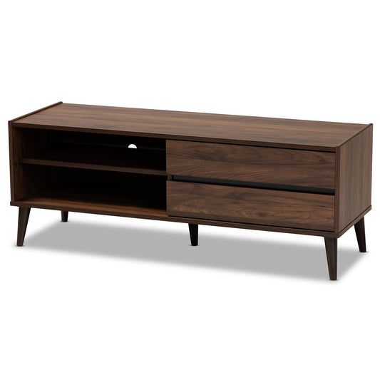 Suli Mid-Century Modern TV Stand Walnut Brown Wood with Storage and Stylish Design