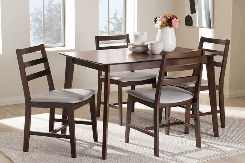 Nadine Dining Set Modern 5-Piece Collection with Walnut Finish and Light Grey Fabric Upholstery