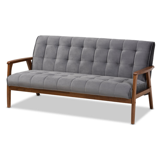 Asta Sofa Mid-Century Modern Grey Velvet Fabric Upholstered Walnut Finished Wood