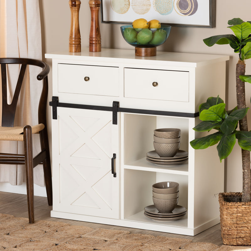 Nadia Sideboard Buffet - Modern Farmhouse Design with White Wood and Black Metal, 2-Door Storage for Dining or Living Room