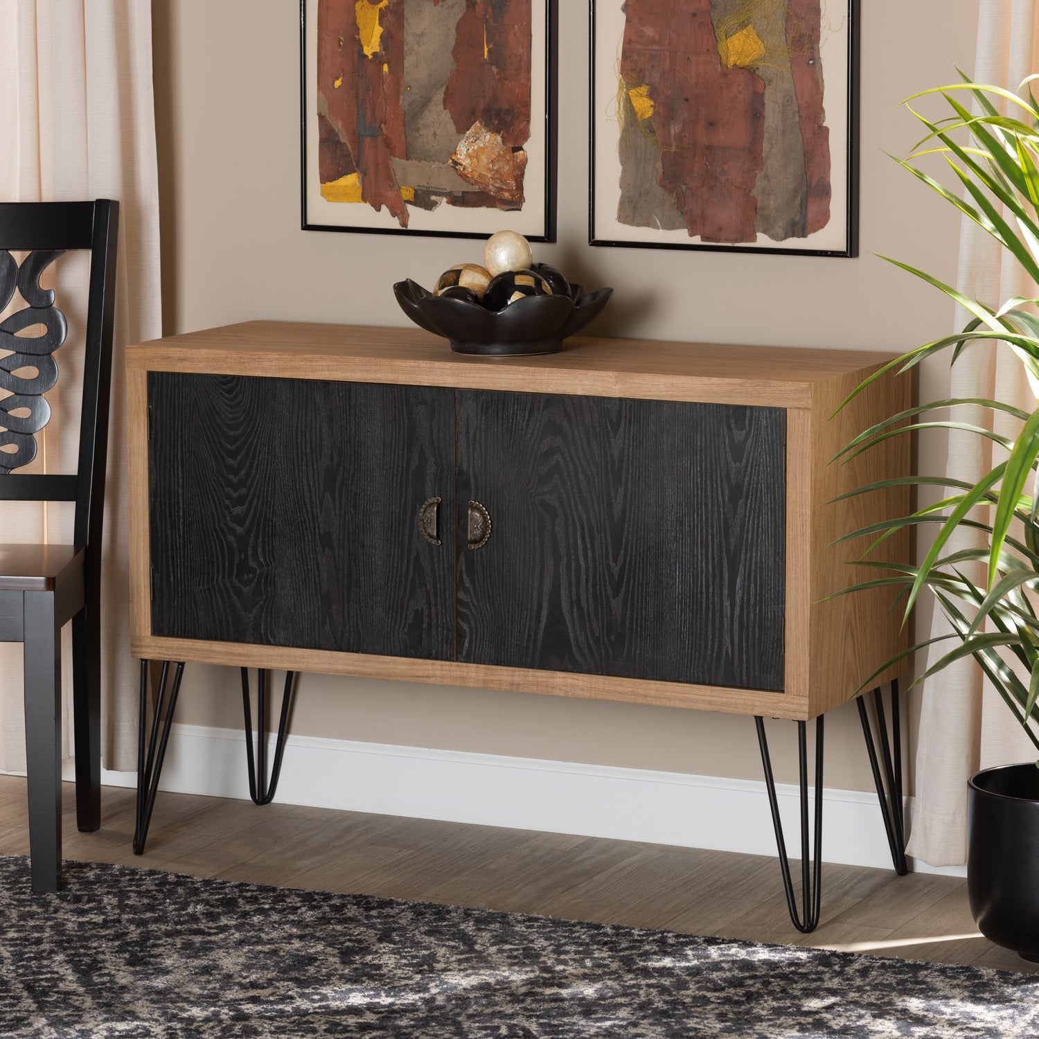 Denali Storage Cabinet Modern Two-Tone Design in Walnut Brown and Black Finished Wood with Metal Accents for Stylish Organization