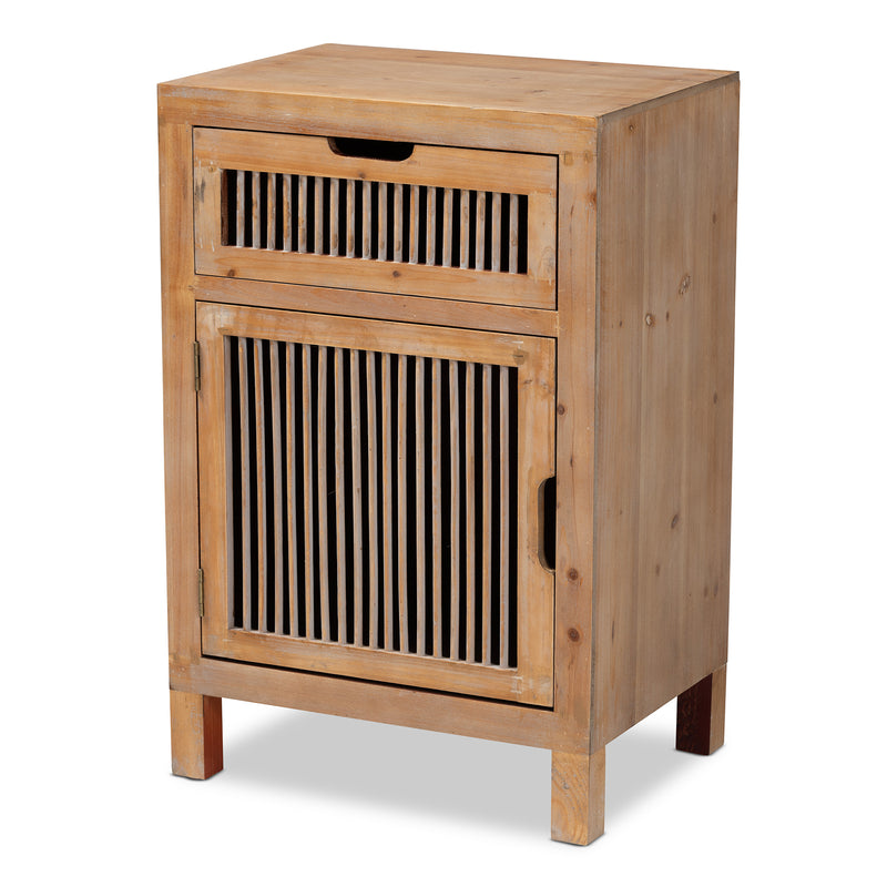 Clement Rustic Transitional End Table Medium Oak Finished Wood with 1 Door and 1 Drawer Spindle Design for Living Room or Bedroom