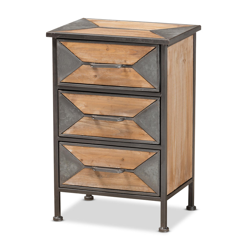 Laurel Rustic Industrial End Table with 3 Drawers in Antique Grey Metal and Whitewashed Oak Finish