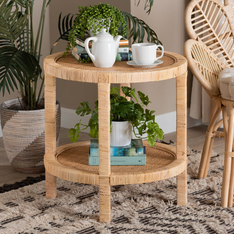 Bella Modern Bohemian End Table Natural Brown Mahogany Wood and Rattan 2-Tier Design for Chic Living Room Decor