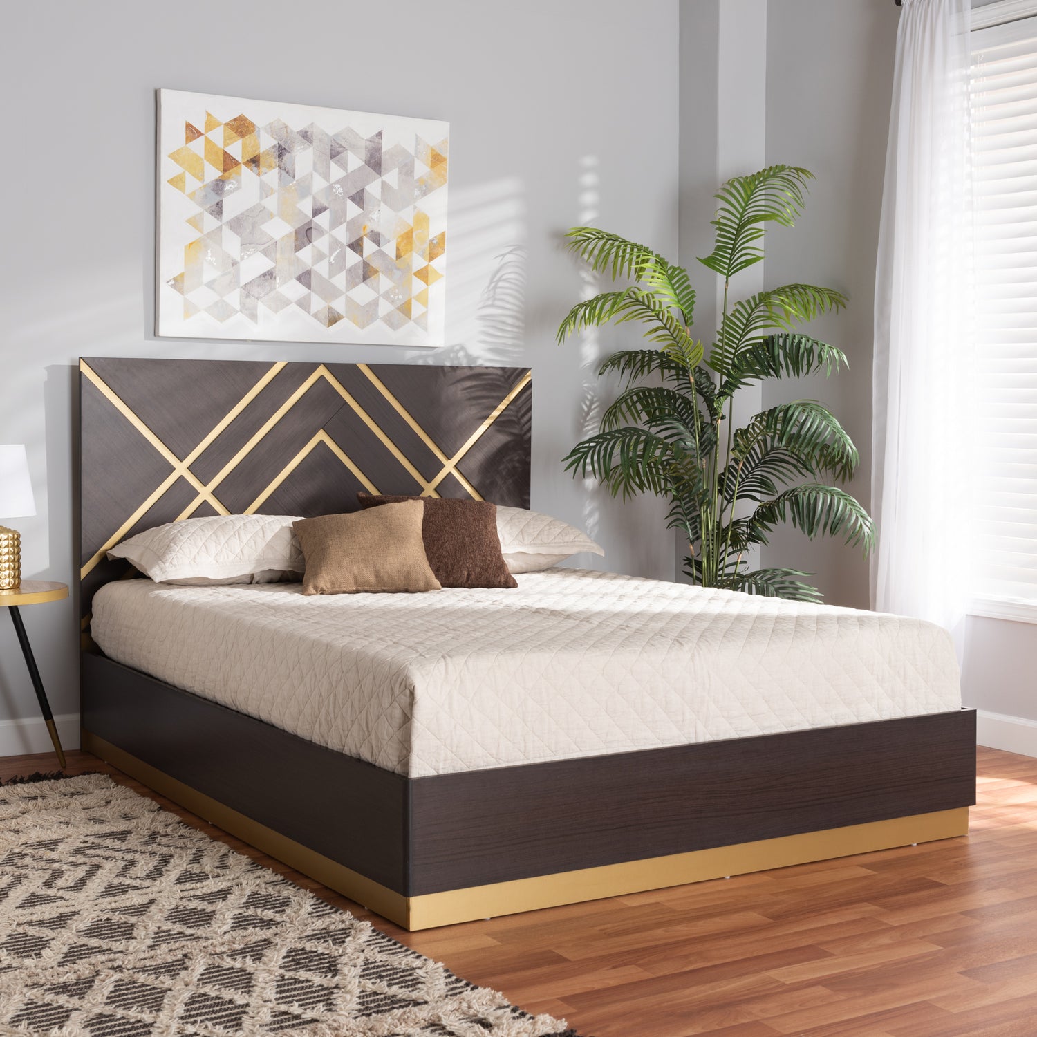 Arcelia Queen Size Platform Bed Contemporary Glam Luxe Design Two-Tone Dark Brown Gold Finished Wood