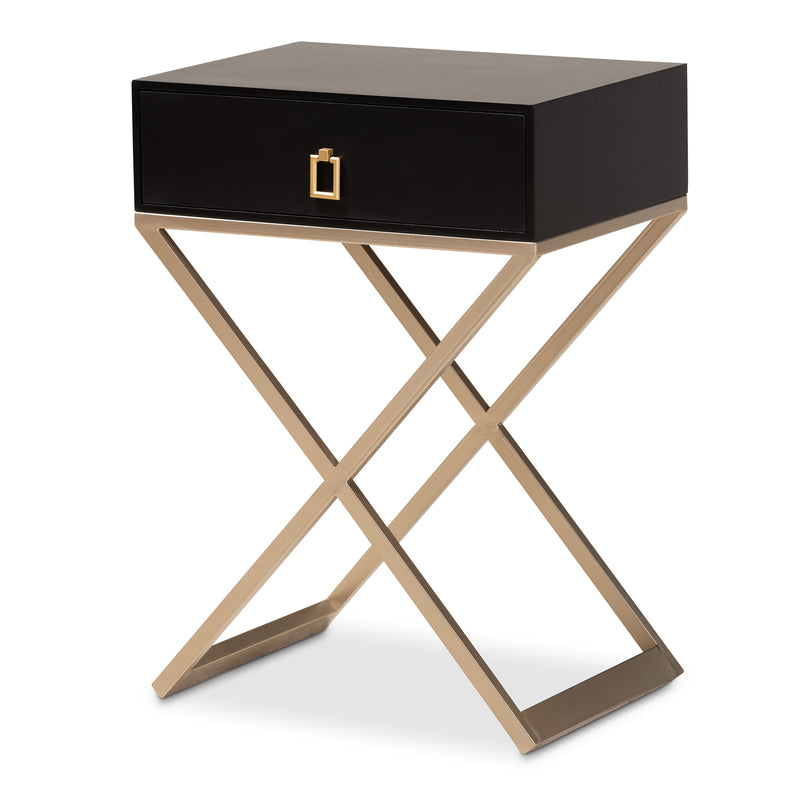 Patricia End Table Modern Contemporary Design Black Finished Wood Powder Coated Brass Effect Metal with 1 Drawer for Storage