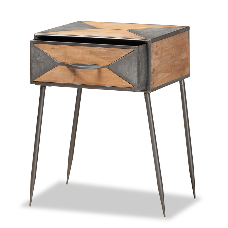 Laurel End Table Rustic Industrial Design with Antique Grey Metal and Whitewashed Oak Wood Featuring 1 Storage Drawer