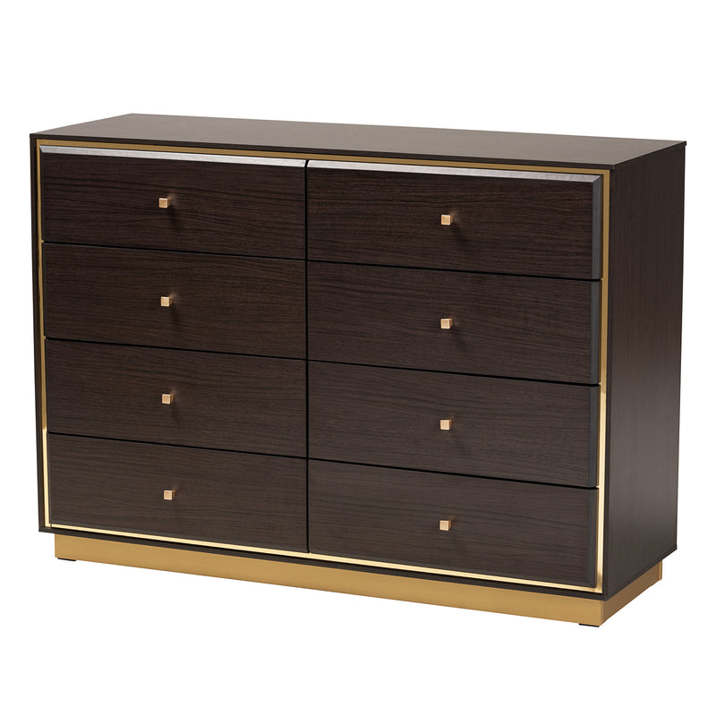 Arcelia Queen Size Bedroom Set Contemporary Glam Luxe 4-Piece Collection in Two-Tone Dark Brown and Gold Finished Wood