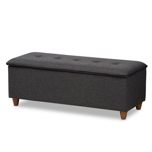 Marlisa Ottoman Mid-Century Modern Walnut Finished Wood and Dark Grey Fabric Upholstered Button Tufted Storage Bench