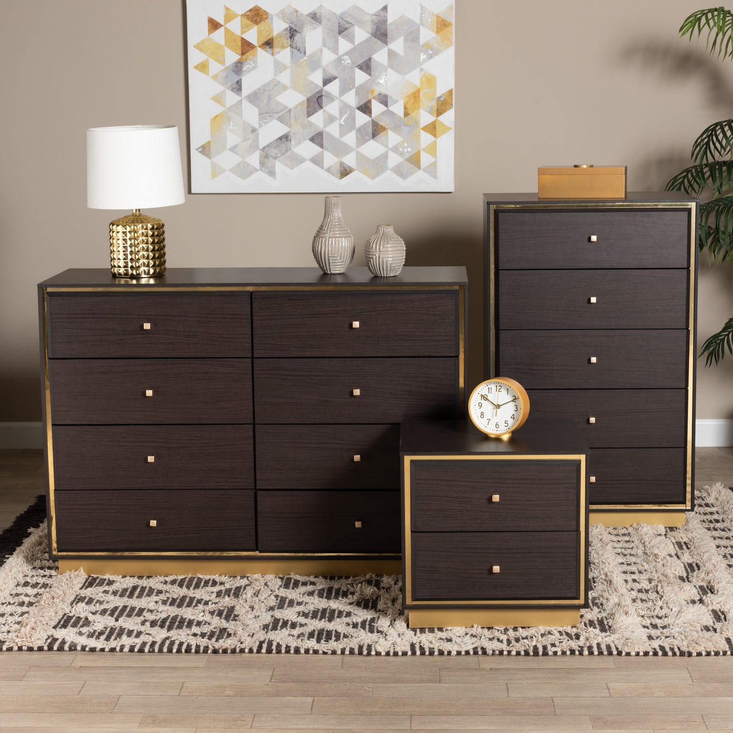 Cormac 3-Piece Storage Set Mid-Century Modern Design with Dark Brown Wood and Gold Metal Accents