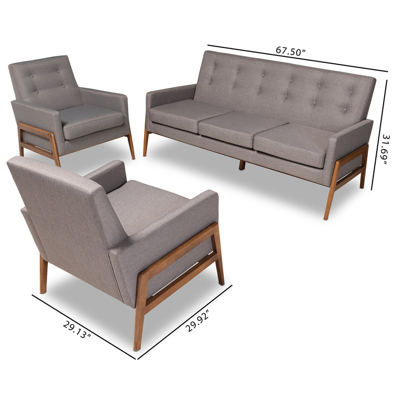 Perris Mid-Century Modern 3-Piece Living Room Set in Light Grey Fabric with Walnut Finished Accents