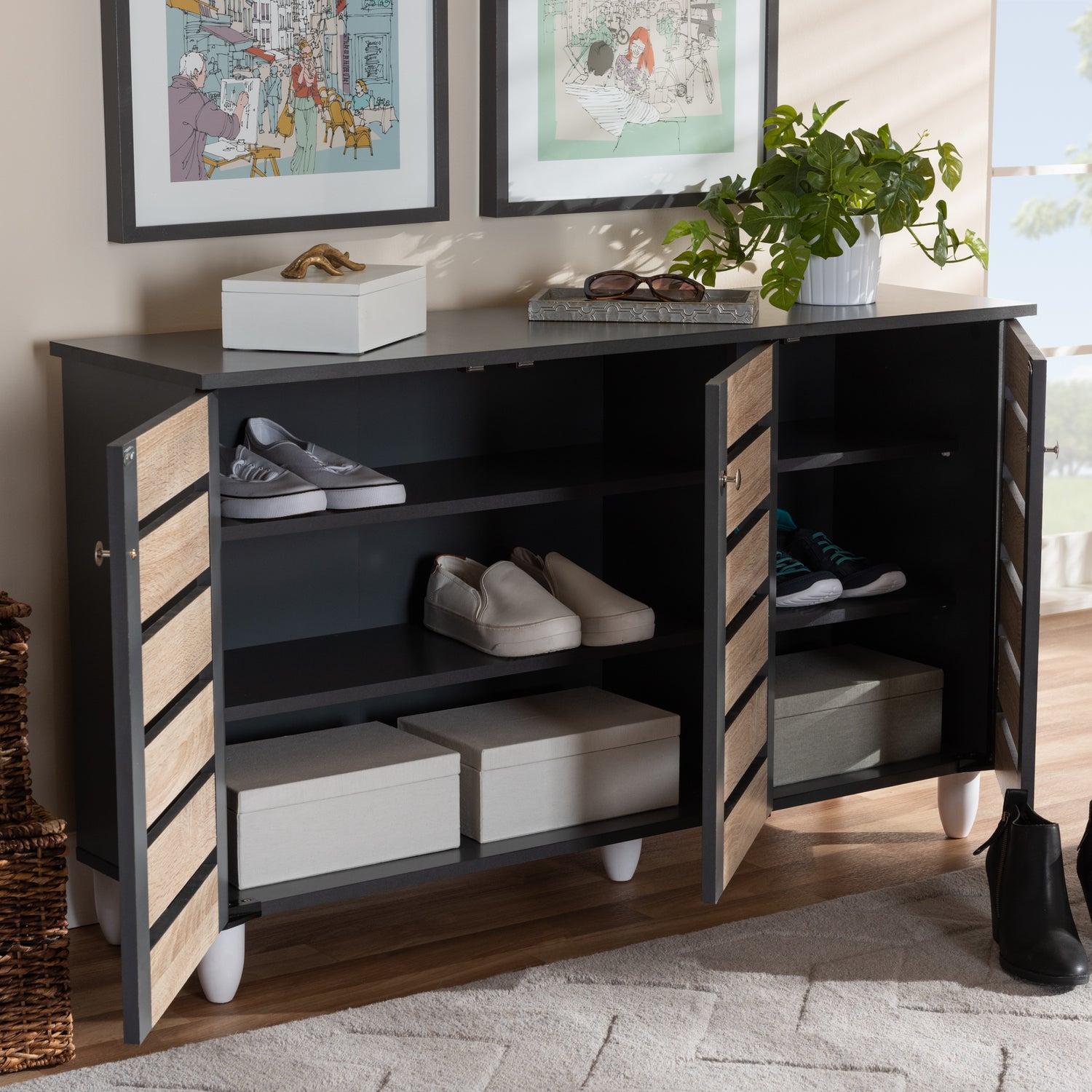 Gisela Shoe Storage Cabinet Modern and Contemporary Two-Tone Oak and Dark Gray 3-Door