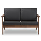 Venza Loveseat Mid-Century Modern Walnut Wood Black Faux Leather 2-Seater