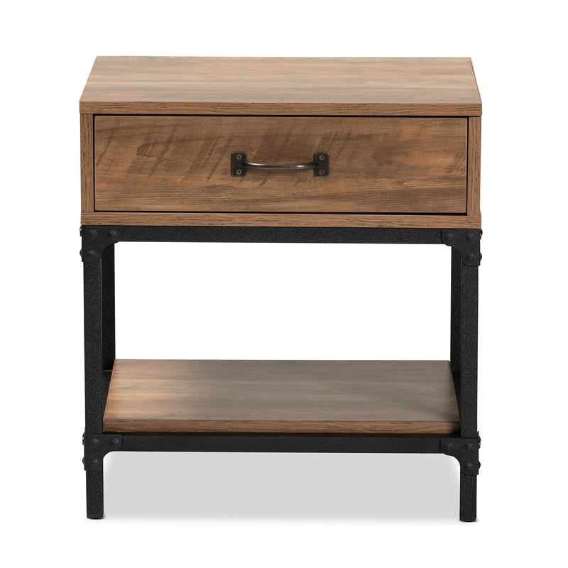 Norwood End Table Modern Industrial Design Walnut Brown Wood Black Metal 1 Drawer for Storage