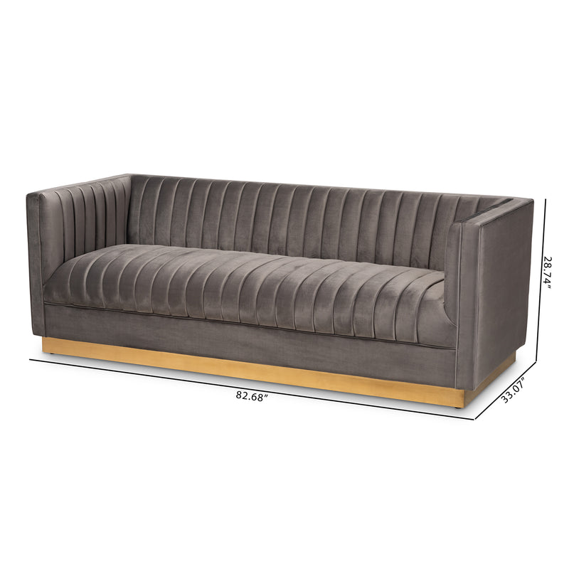 Aveline Sofa Glam and Luxe Grey Velvet Fabric Upholstered Brushed Gold Finished