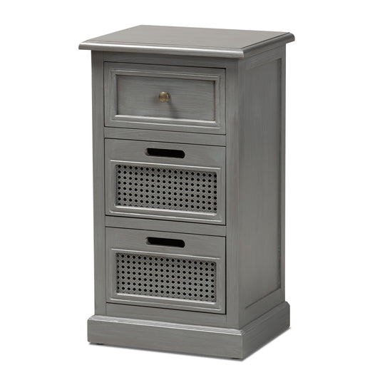 Sheldon End Table Modern Contemporary Design Vintage Grey Wood Synthetic Rattan 3 Drawers for Storage