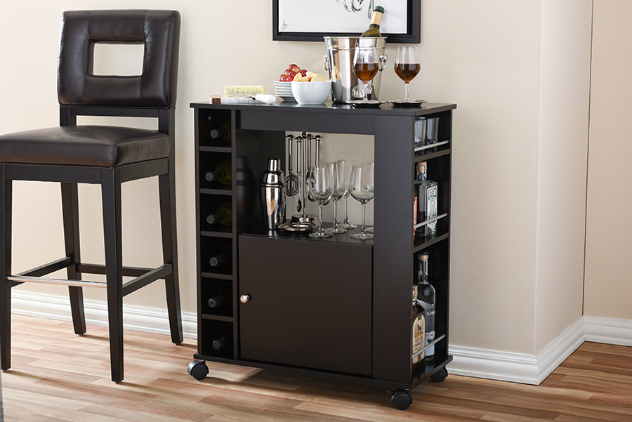 Ontario Modern Dry Bar and Wine Cabinet in Dark Brown Wood - Stylish Storage Solution