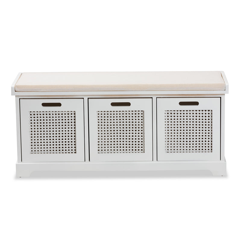 Tabor Storage Bench Modern Beige Fabric Upholstered with White Finished Wood and 3 Rattan Accent Baskets for Stylish Organization