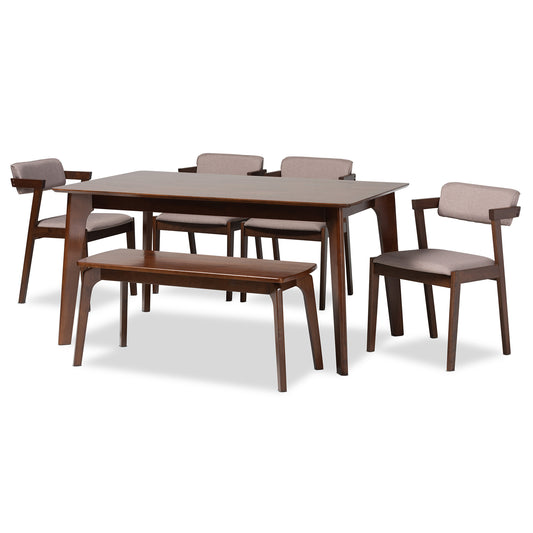 Althea Dining Set Mid-Century Modern 6-Piece Collection in Warm Grey Fabric and Dark Brown Wood Finish