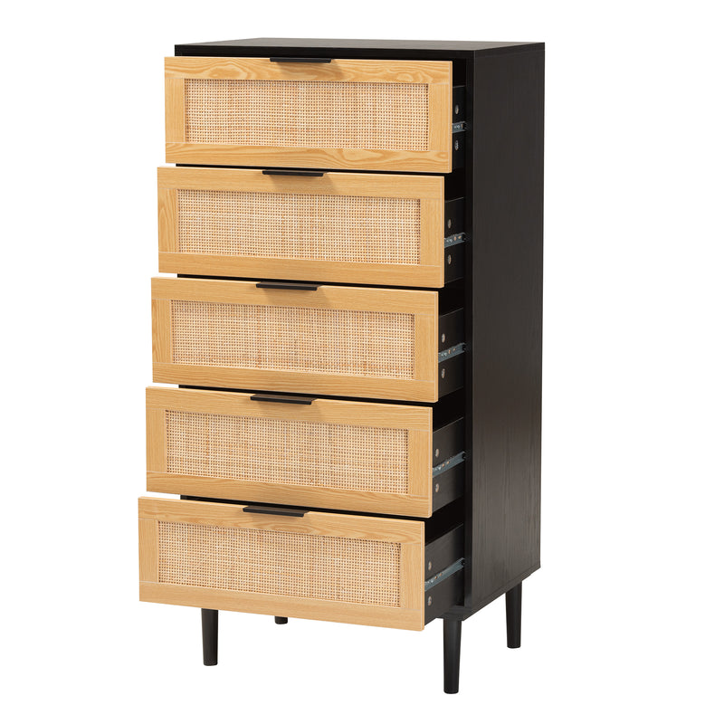 Maureen Storage Cabinet Mid-Century Modern Espresso Brown Wood and Rattan 5-Drawer Organizer for Stylish Home Décor and Storage Solutions