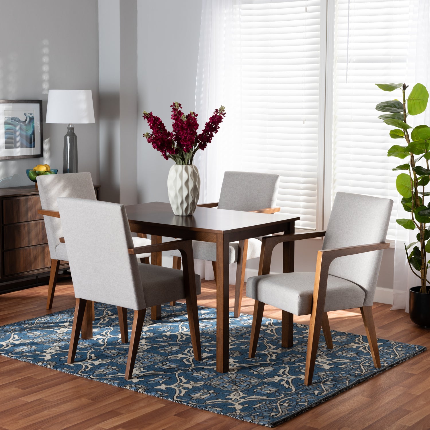 Glenda Dining Set Mid-Century Modern 5-Piece Collection with Greyish Beige Upholstery and Walnut Brown Finished Wood