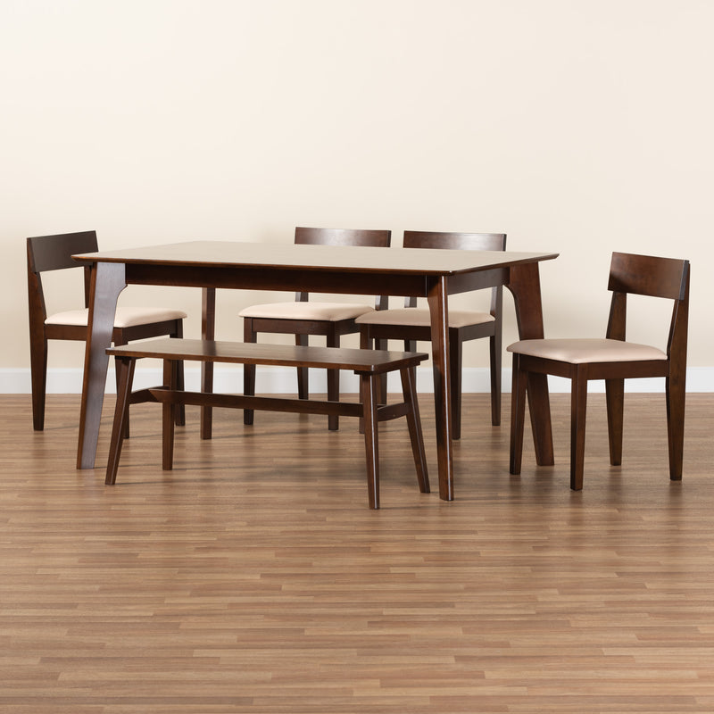 Camilla Dining Set Mid-Century Modern 6-Piece Cream Fabric and Dark Brown Wood Collection