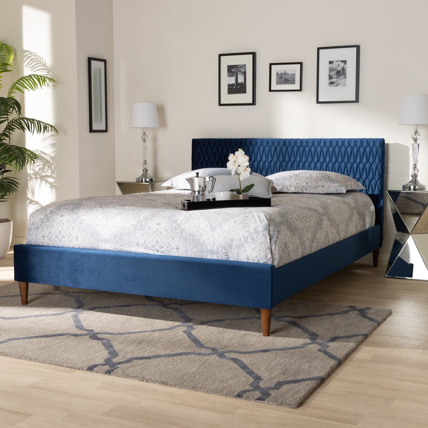 Frida Glam and Luxe Royal Blue Velvet Upholstered Bed