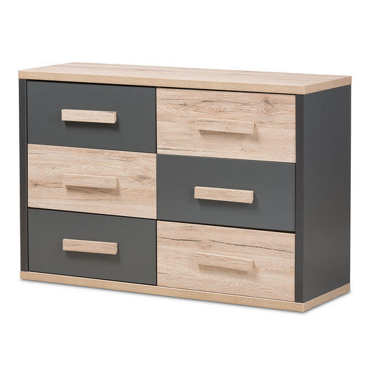 Pandora Dresser Modern Two-Tone Design in Dark Grey and Light Brown with 6 Drawers for Ample Storage