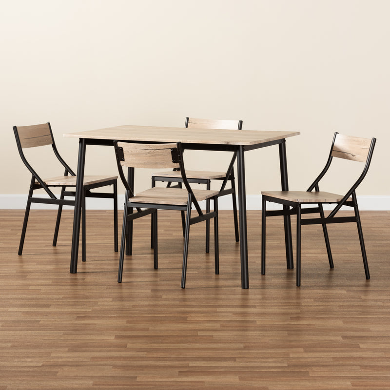 Carmen 5-Piece Dining Set in Modern Contemporary Style with Oak Brown Wood and Dark Brown Metal Accents