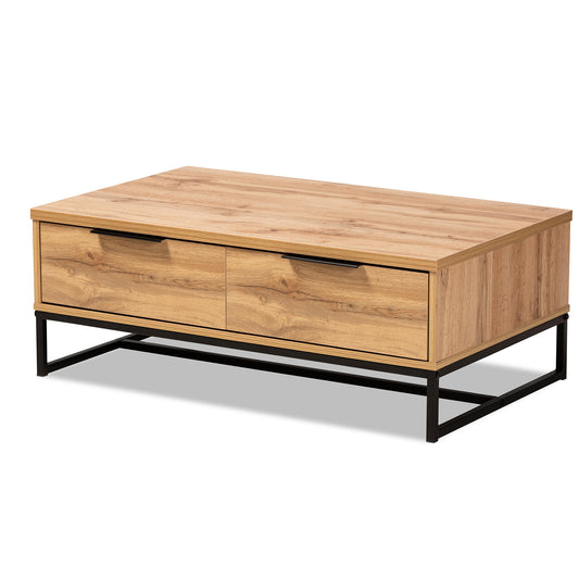 Franklin Coffee Table - Modern Contemporary Design with Oak Brown Wood and Black Metal, Featuring 2 Storage Drawers