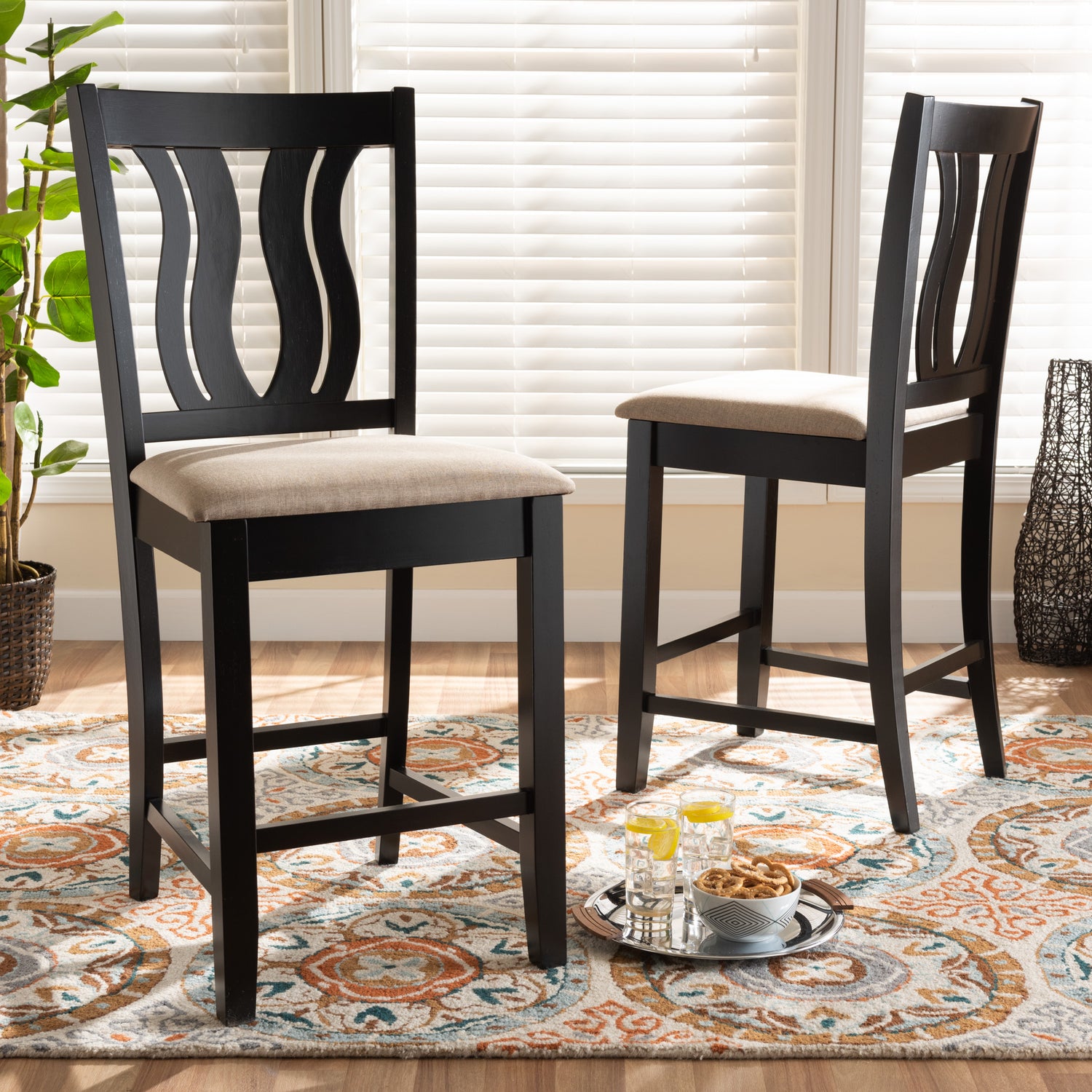 Fenton Counter Stool Set - Modern Transitional Design with Sand Fabric Upholstery and Dark Brown Wood, 2-Piece Set for Kitchen or Bar