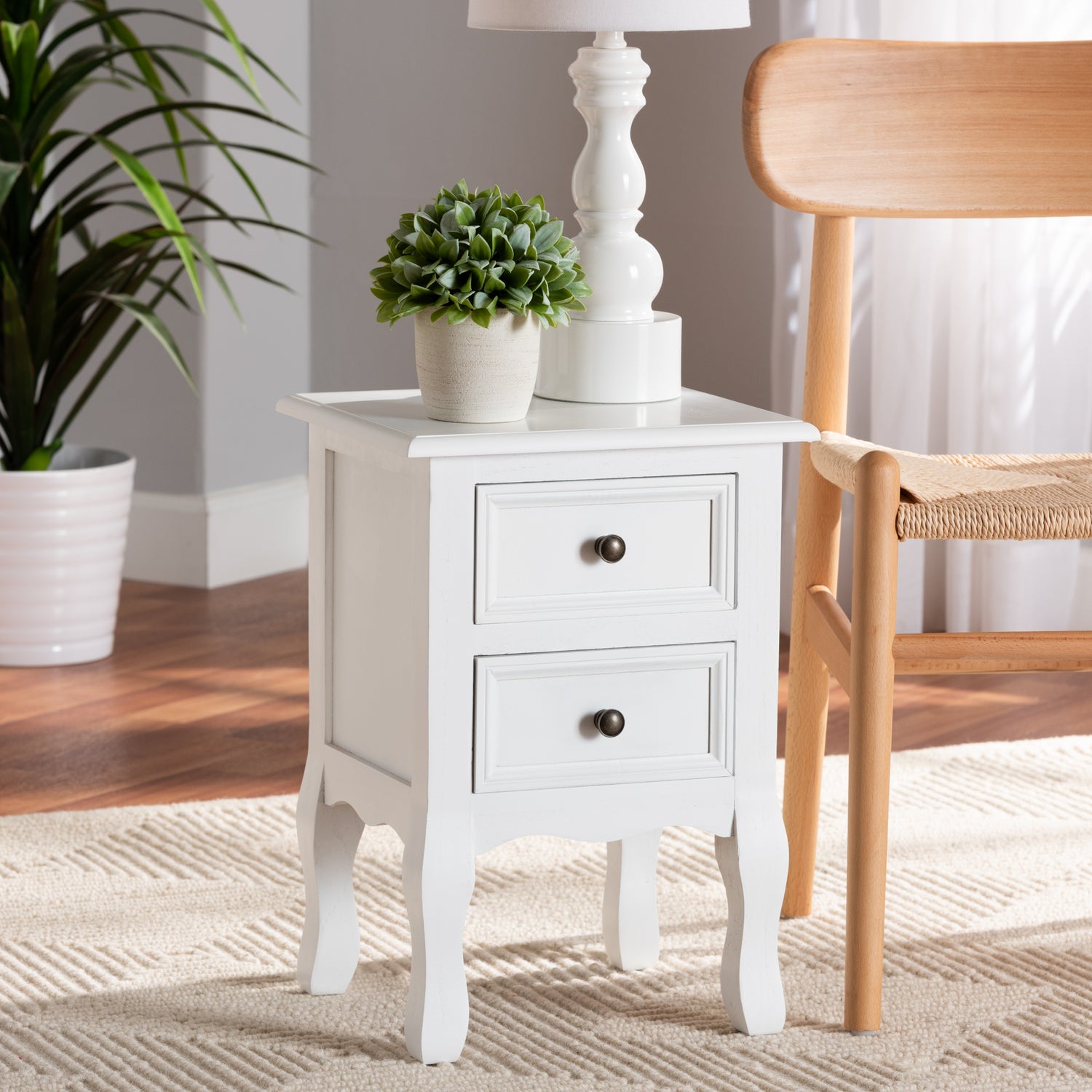 Caelan End Table Classic Traditional White Finished Wood with 2 Drawers for Living Room or Bedroom Storage