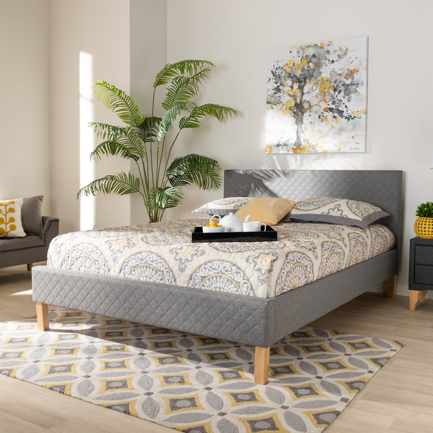 Aneta King Size Platform Bed Modern Grey Fabric Upholstered Design for Stylish Bedrooms