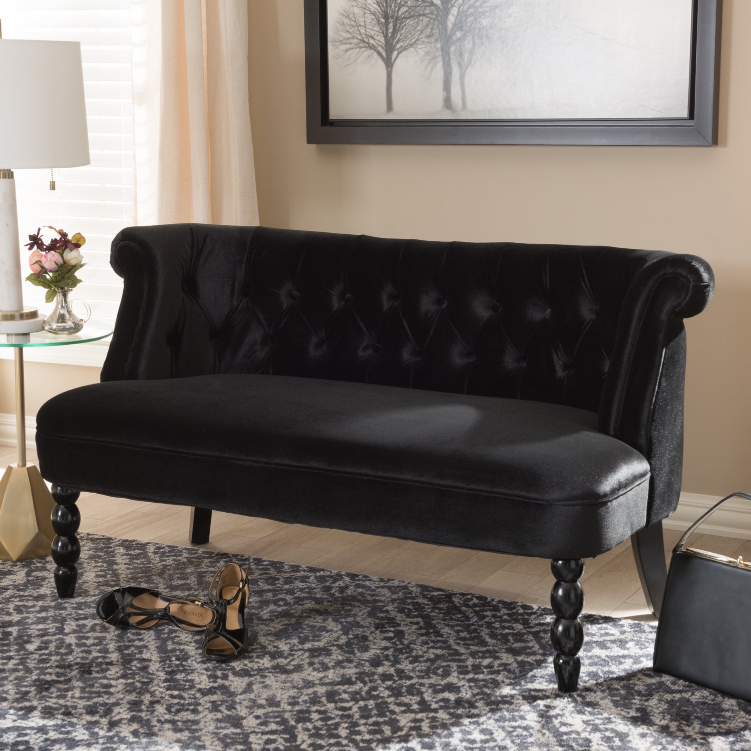 Flax Loveseat Victorian Style Black Velvet Upholstered 2-Seater Sofa for Elegant Living Room Decor