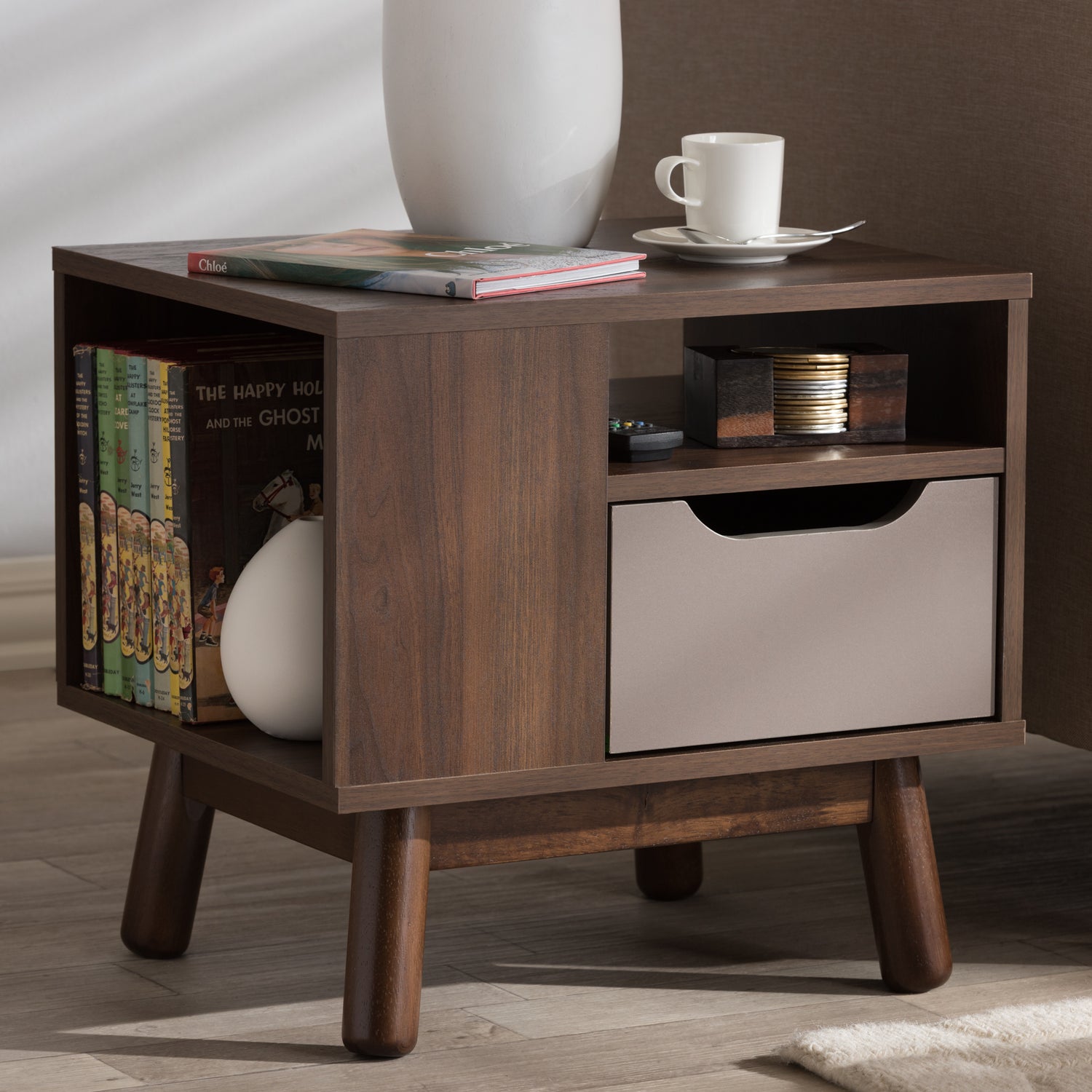 Britta Nightstand Mid-Century Modern Walnut Brown and Grey Two-Tone Wood Bedside Table with Storage