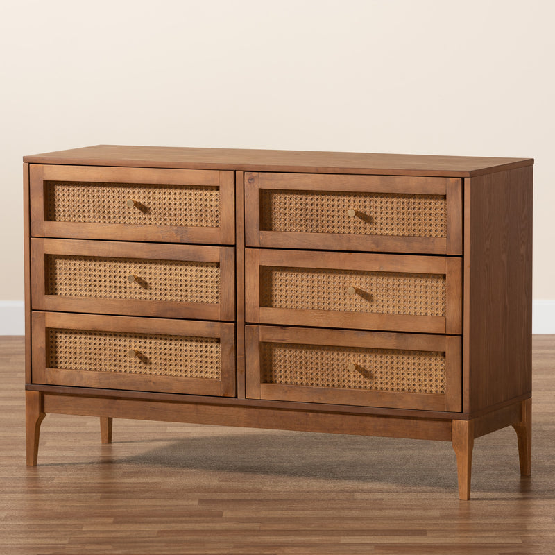 Ramiel Mid-Century Modern Dresser Ash Walnut Finished Wood and Rattan 6-Drawer Storage Solution for Stylish Bedrooms