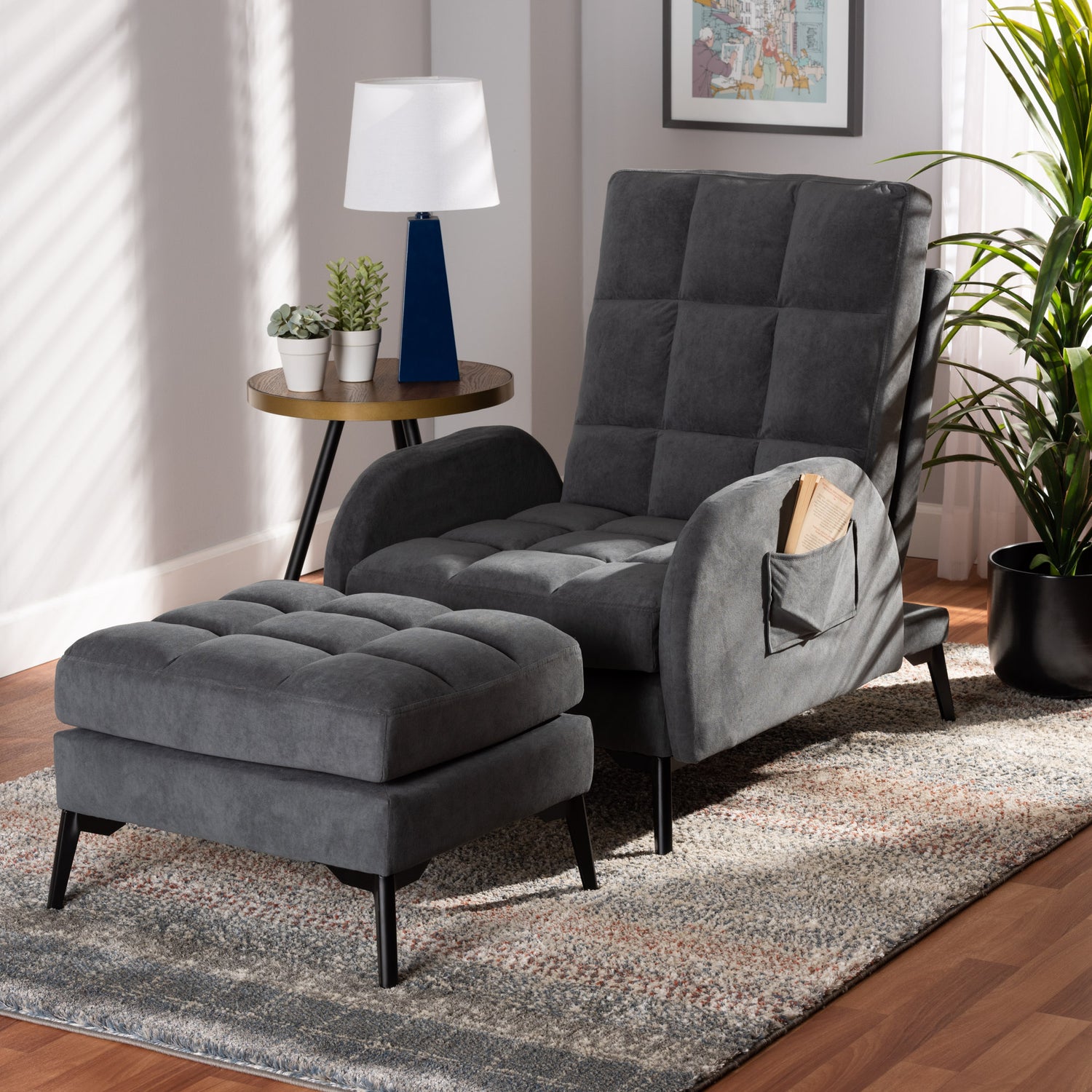 Belden Recliner Chair and Ottoman Set in Modern Contemporary Grey Velvet Fabric and Black Metal