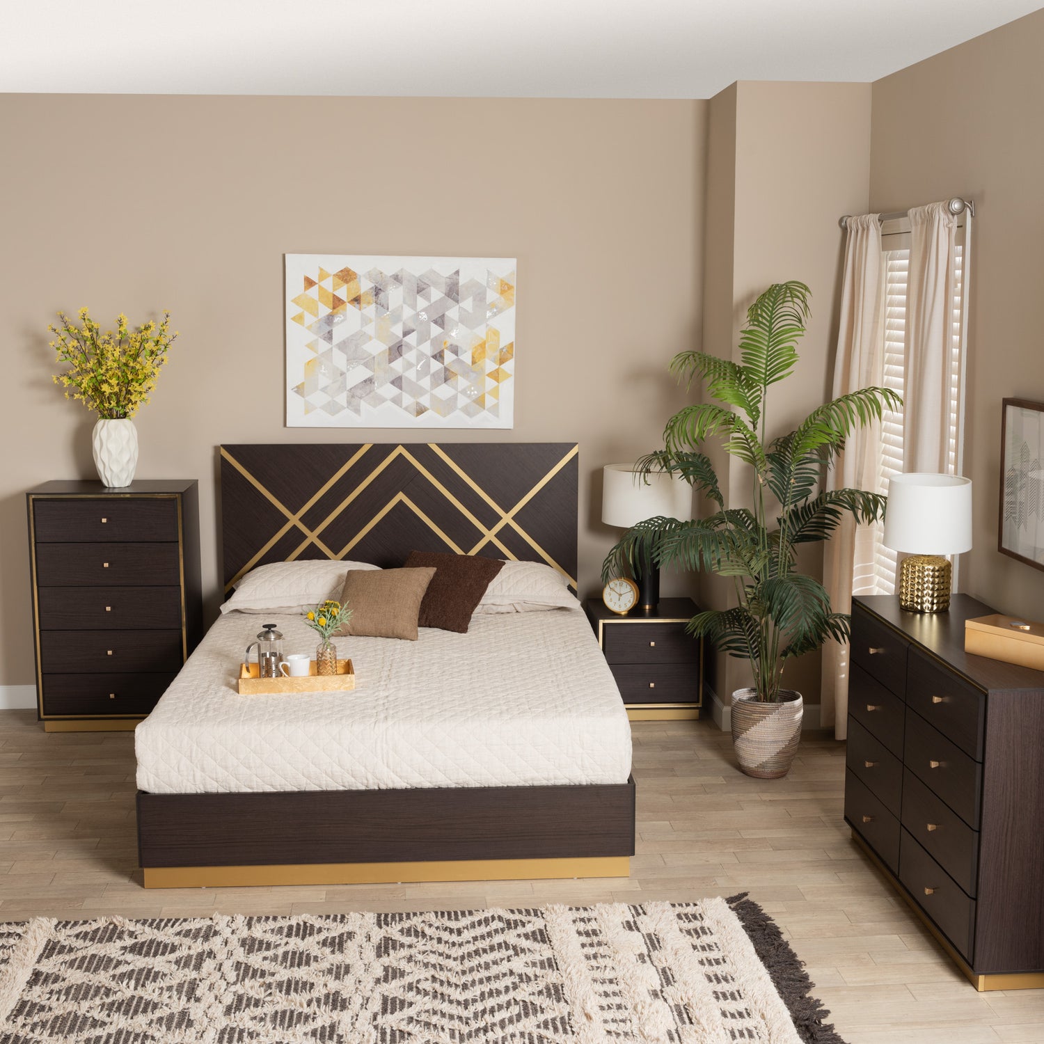 Arcelia Queen Size Bedroom Set Contemporary Glam 4-Piece Collection in Two-Tone Dark Brown and Gold Finished Wood with Stylish Storage Chest