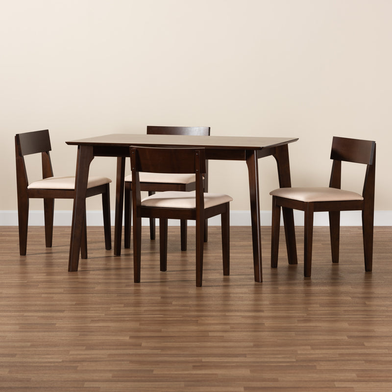 Camilla Dining Set Mid-Century Modern 5-Piece Cream Fabric and Dark Brown Wood Furniture for Stylish Dining Rooms