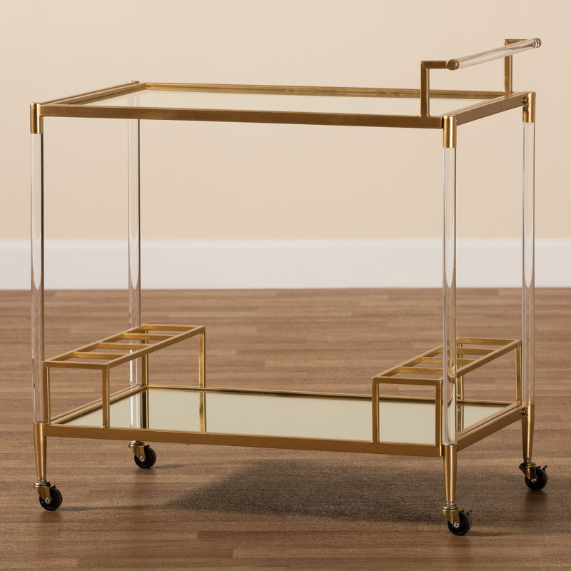 Rosalina Wine Cart - Contemporary Glam Luxe Design with Gold Metal and Mirrored Glass Accents