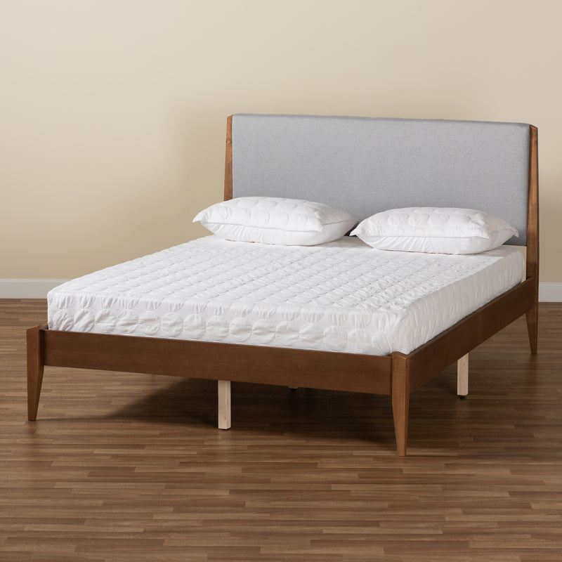 Lenora King Size Platform Bed - Mid-Century Modern Grey Fabric Upholstery with Walnut Brown Wood Frame