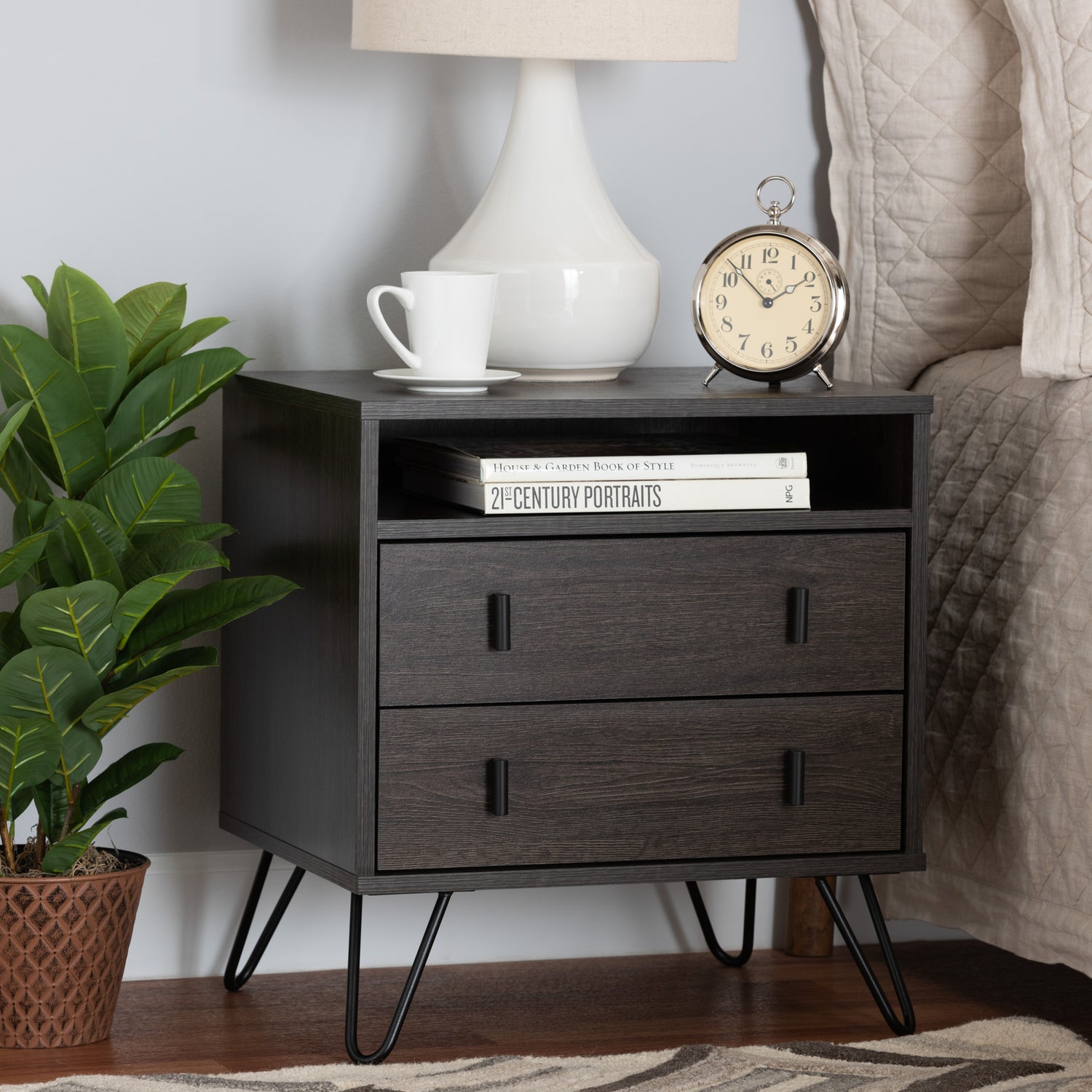 Glover Modern Nightstand Dark Brown Wood with Black Metal Accents Featuring 2 Drawers for Stylish Bedroom Storage