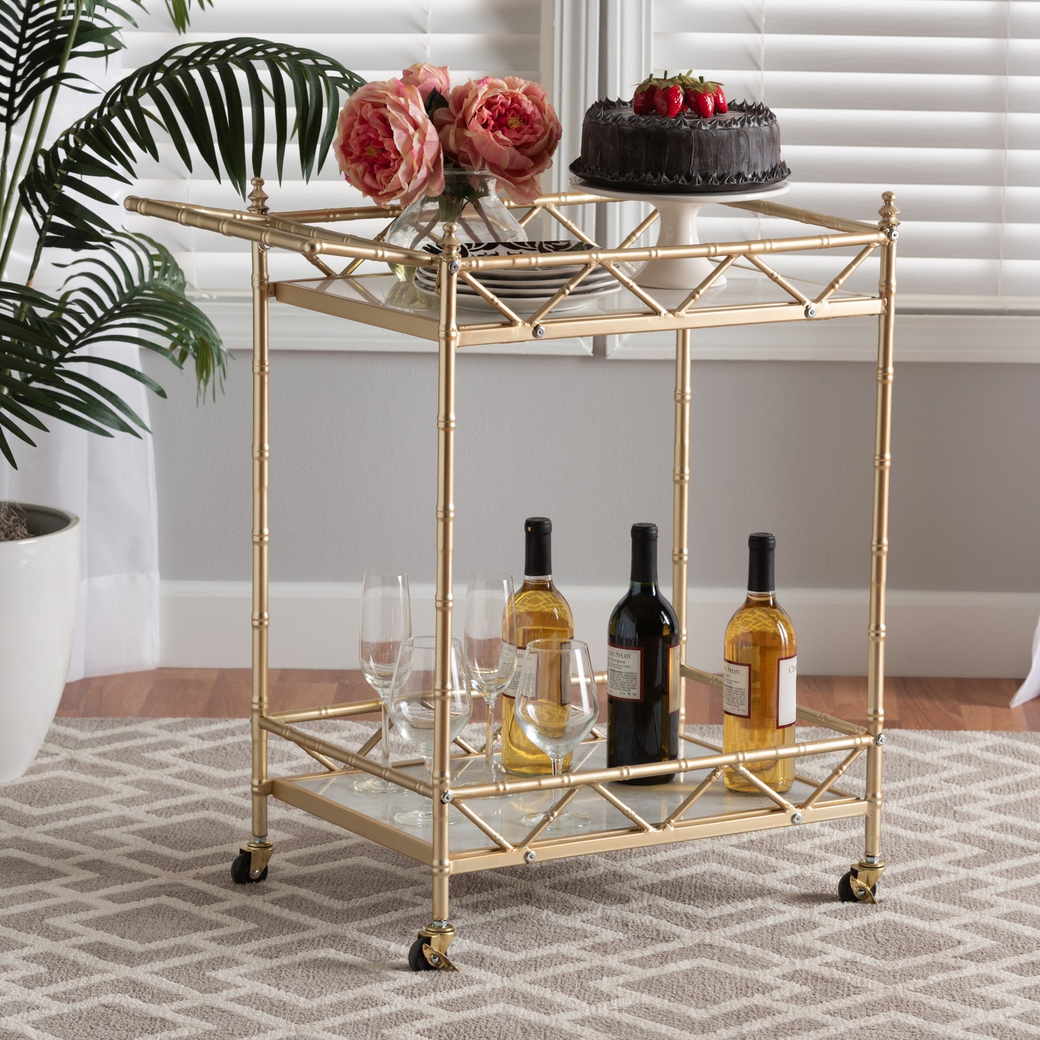 Mela 2-Tier Wine Cart - Contemporary Glam Design with Gold Metal Frame and White Marble Shelves